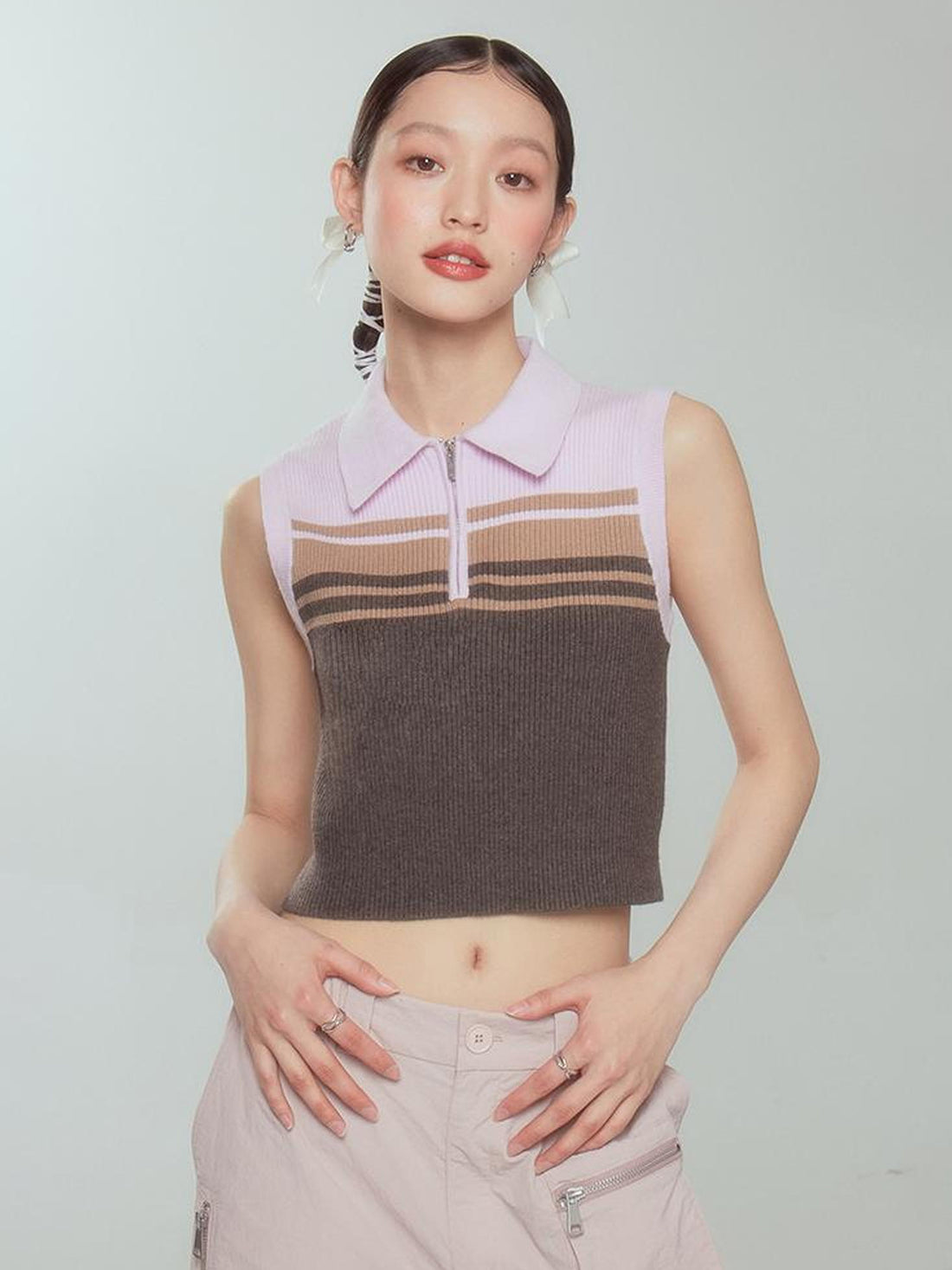 DIDDI MODA Pink Stripe Polo Knit Vest Spring Layering Essential