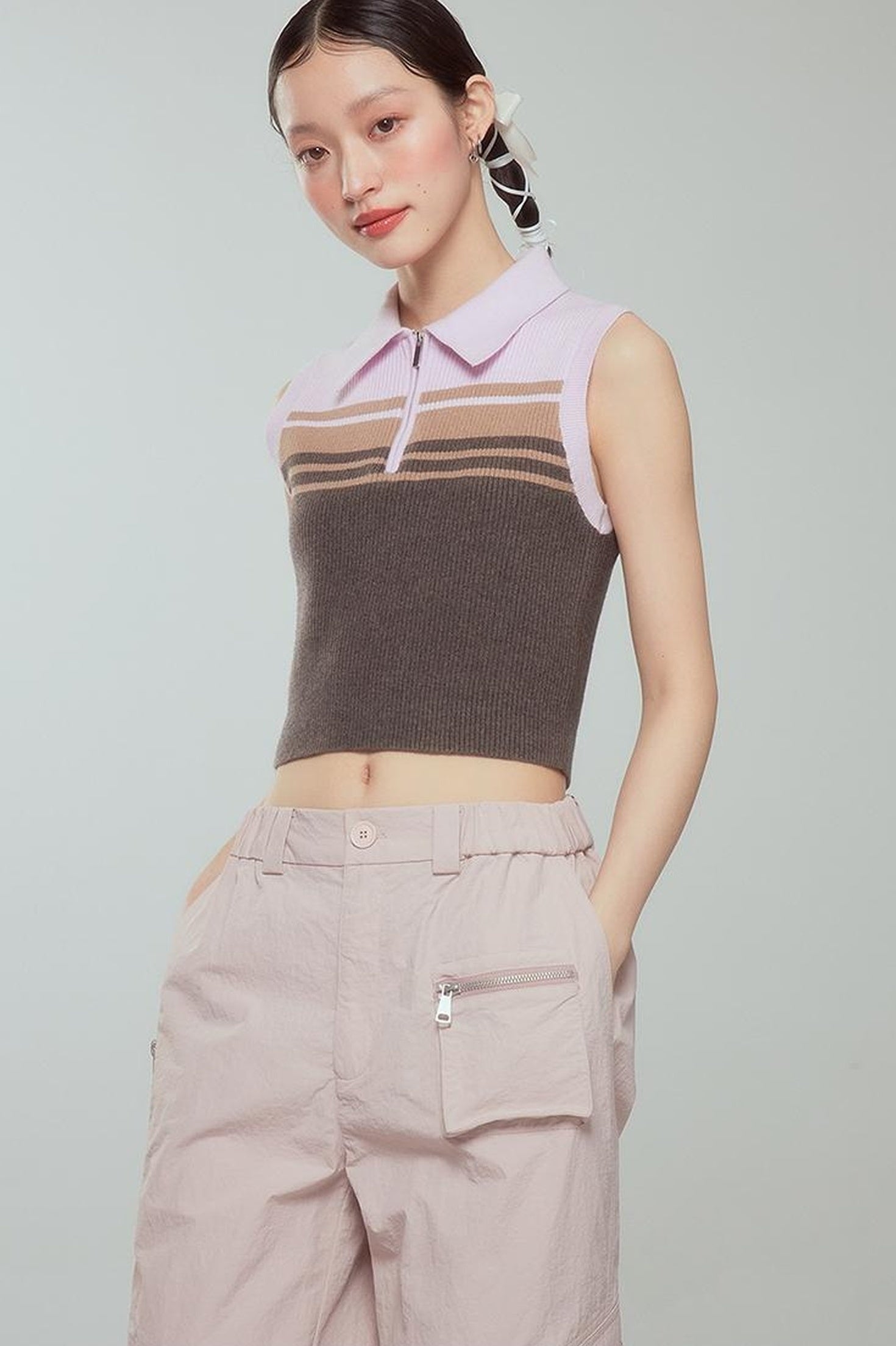 DIDDI MODA Pink Stripe Polo Knit Vest Spring Layering Essential