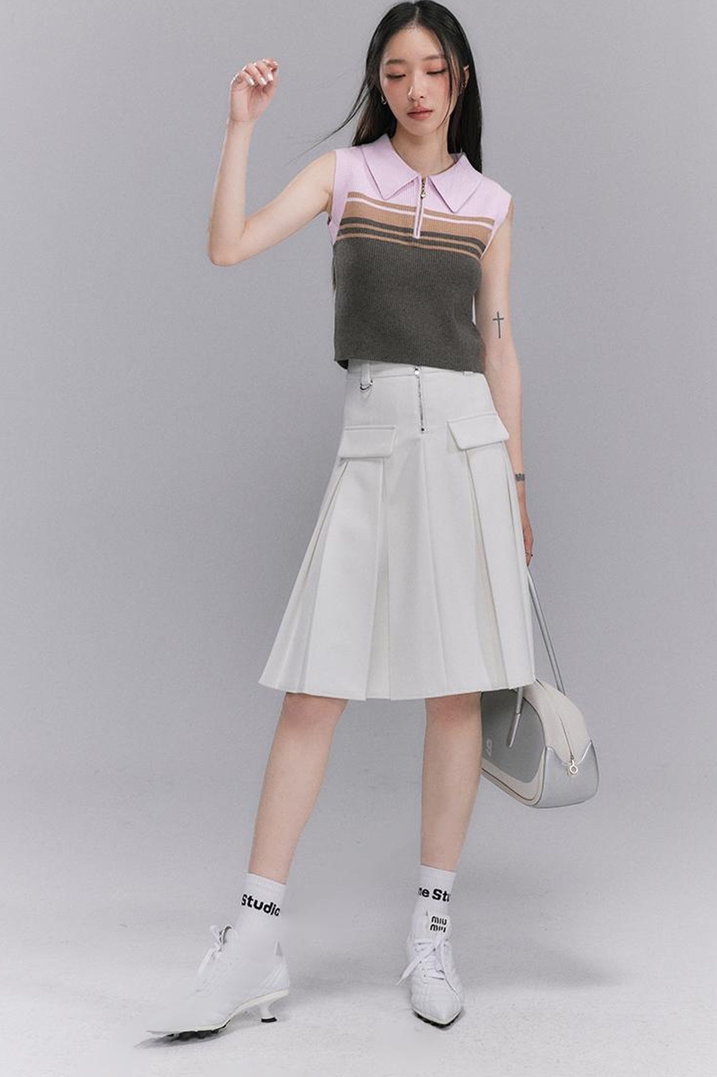 DIDDI MODA Pink Stripe Polo Knit Vest Spring Layering Essential