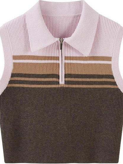 DIDDI MODA Pink Stripe Polo Knit Vest Spring Layering Essential