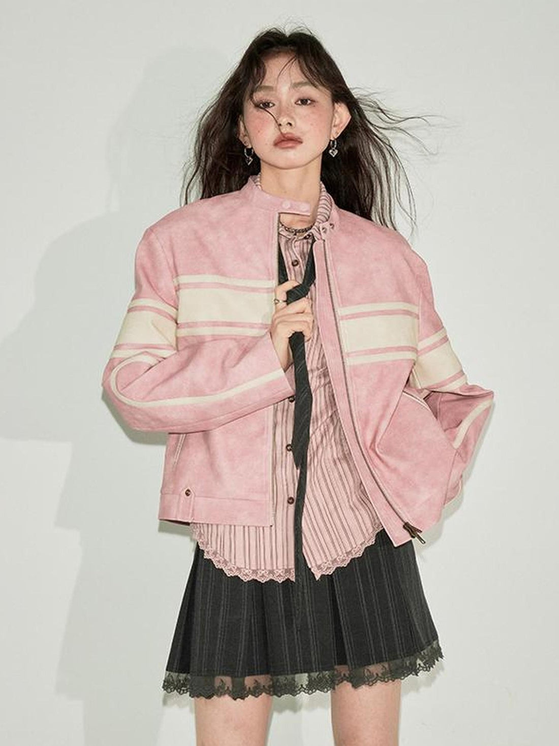 DIDDI MODA Pink White Stripe Vintage Leather Jacket
