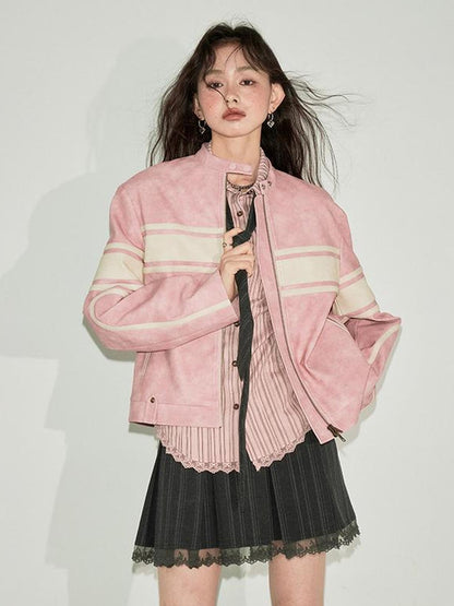 DIDDI MODA Pink White Stripe Vintage Leather Jacket