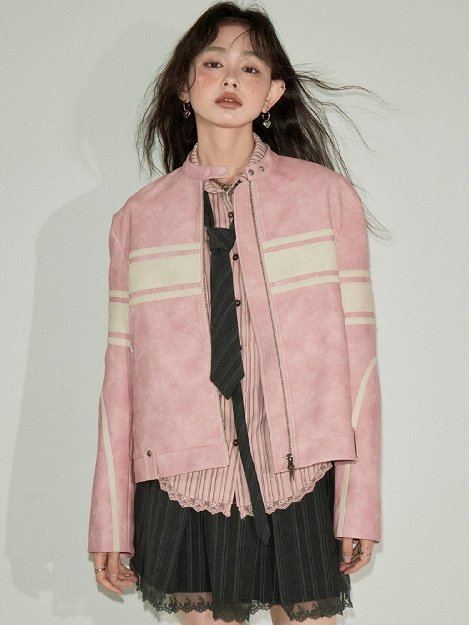 DIDDI MODA Pink White Stripe Vintage Leather Jacket