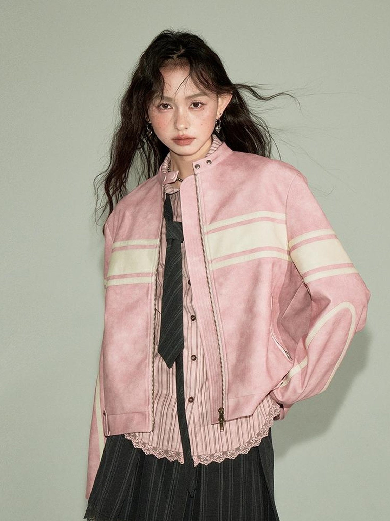 DIDDI MODA Pink White Stripe Vintage Leather Jacket