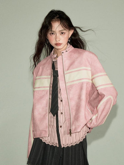 DIDDI MODA Pink White Stripe Vintage Leather Jacket