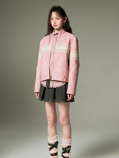 DIDDI MODA Pink White Stripe Vintage Leather Jacket