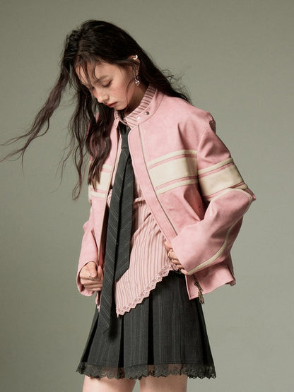 DIDDI MODA Pink White Stripe Vintage Leather Jacket