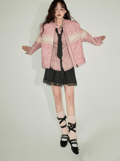 DIDDI MODA Pink White Stripe Vintage Leather Jacket