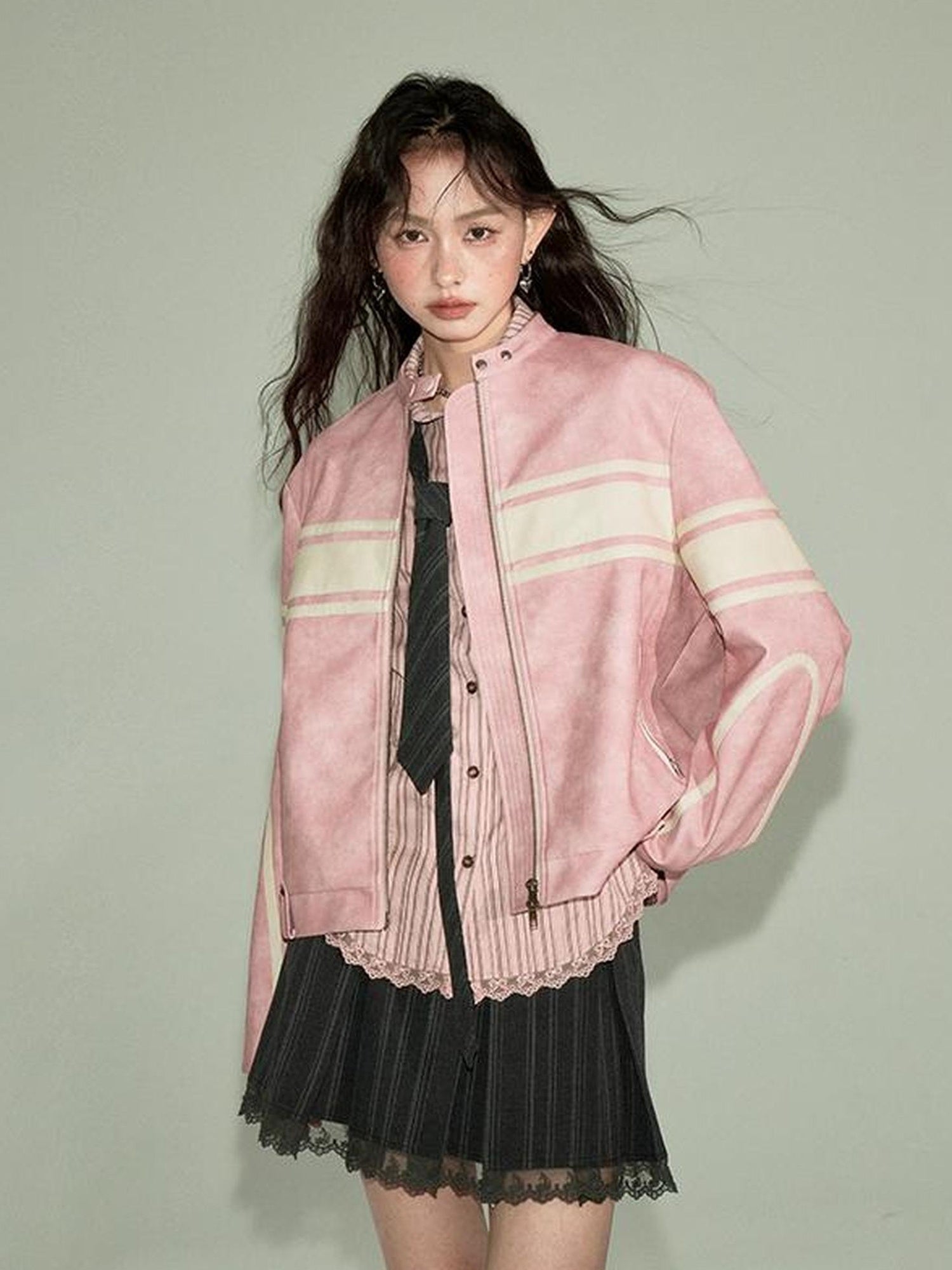 DIDDI MODA Pink White Stripe Vintage Leather Jacket