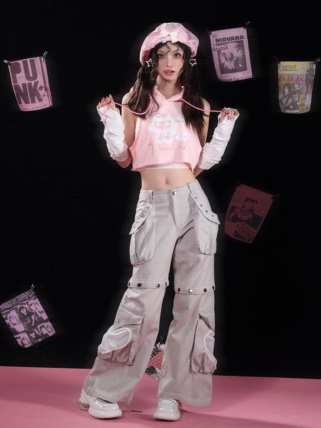 WSW WUSHENWU Pink &amp; Blue Rhinestone Hooded Vest Two Piece Set