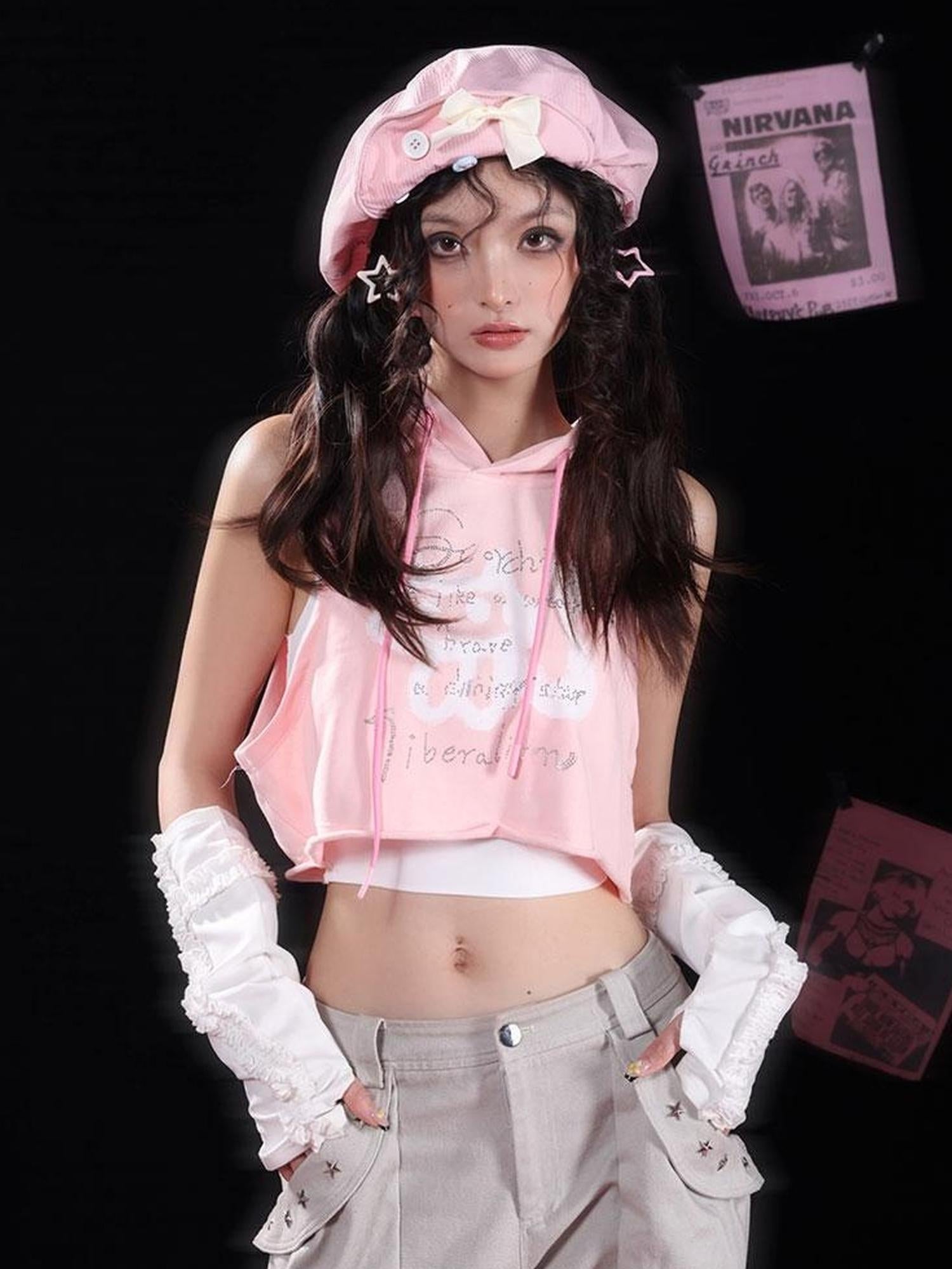 WSW WUSHENWU Pink &amp; Blue Rhinestone Hooded Vest Two Piece Set