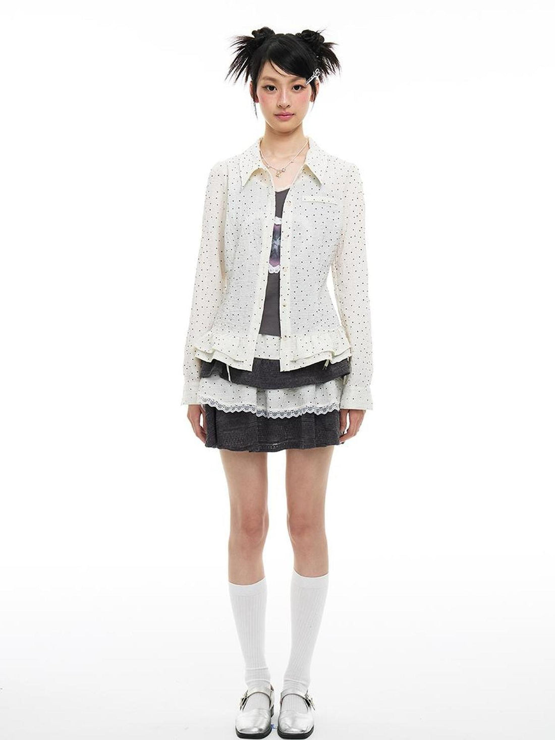 MOMSYCAN FOX LINE Pixel Penitence Two Thousand Twenty Five Spring Dot Blouse Long Sleeve Loose Fit