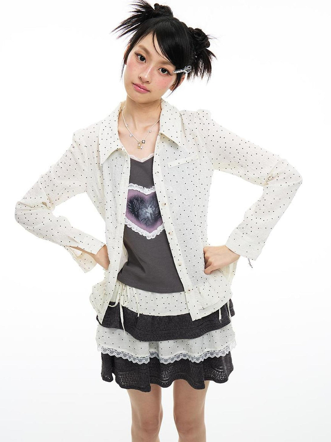 MOMSYCAN FOX LINE Pixel Penitence Two Thousand Twenty Five Spring Dot Blouse Long Sleeve Loose Fit