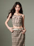 DIDDI MODA Plaid Bow Tie Bustier A Line Maxi Skirt Set