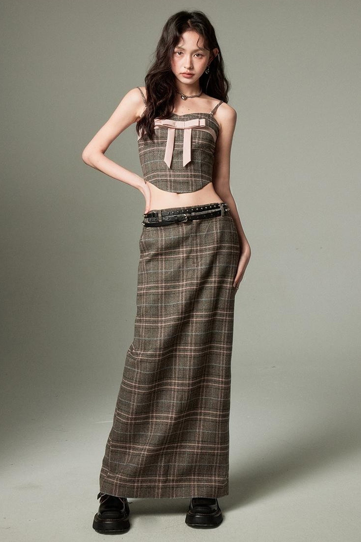DIDDI MODA Plaid Bow Tie Bustier A Line Maxi Skirt Set