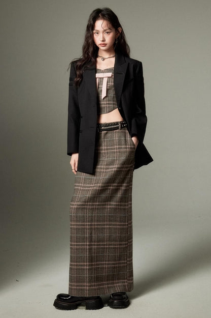 DIDDI MODA Plaid Bow Tie Bustier A Line Maxi Skirt Set