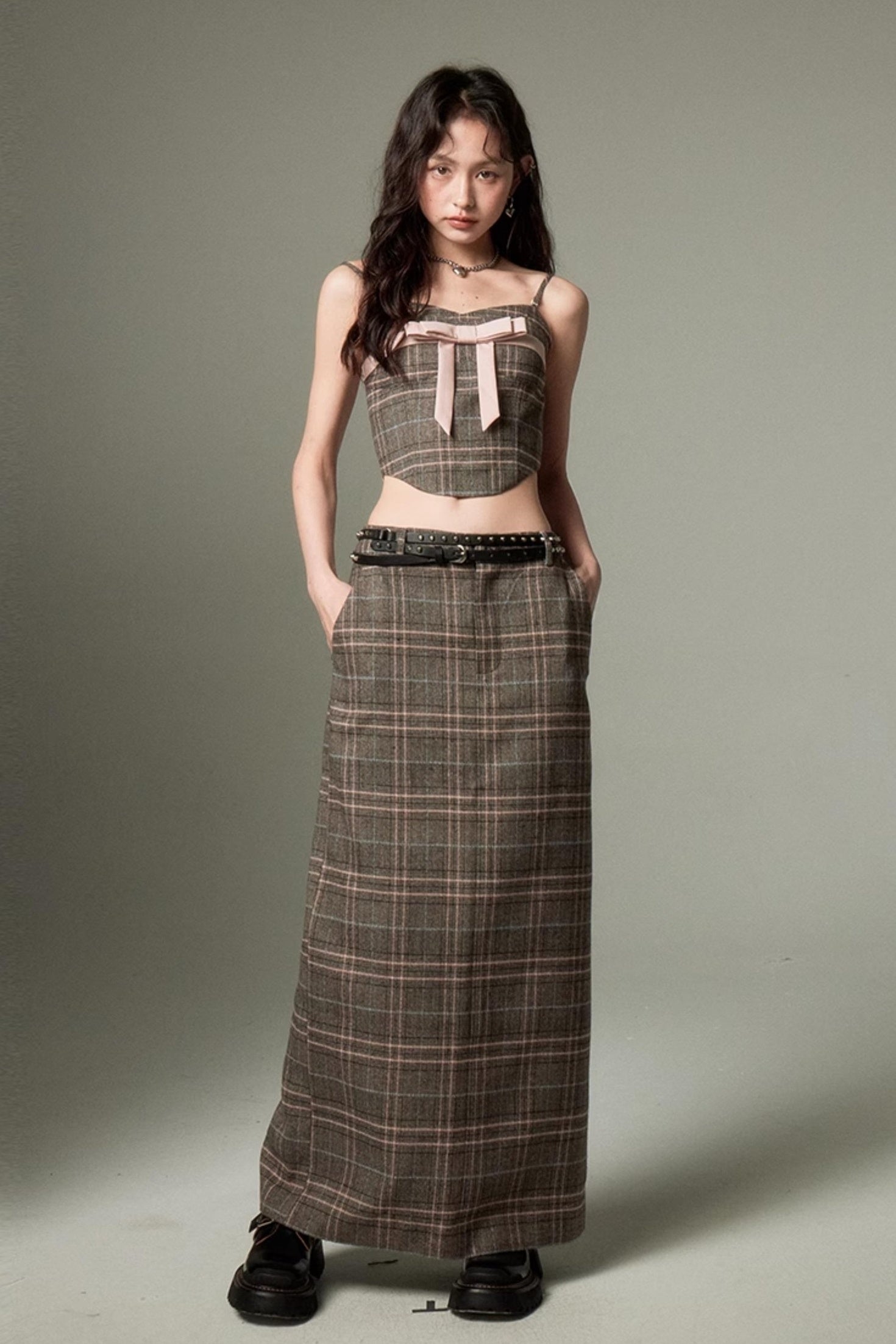 DIDDI MODA Plaid Bow Tie Bustier A Line Maxi Skirt Set
