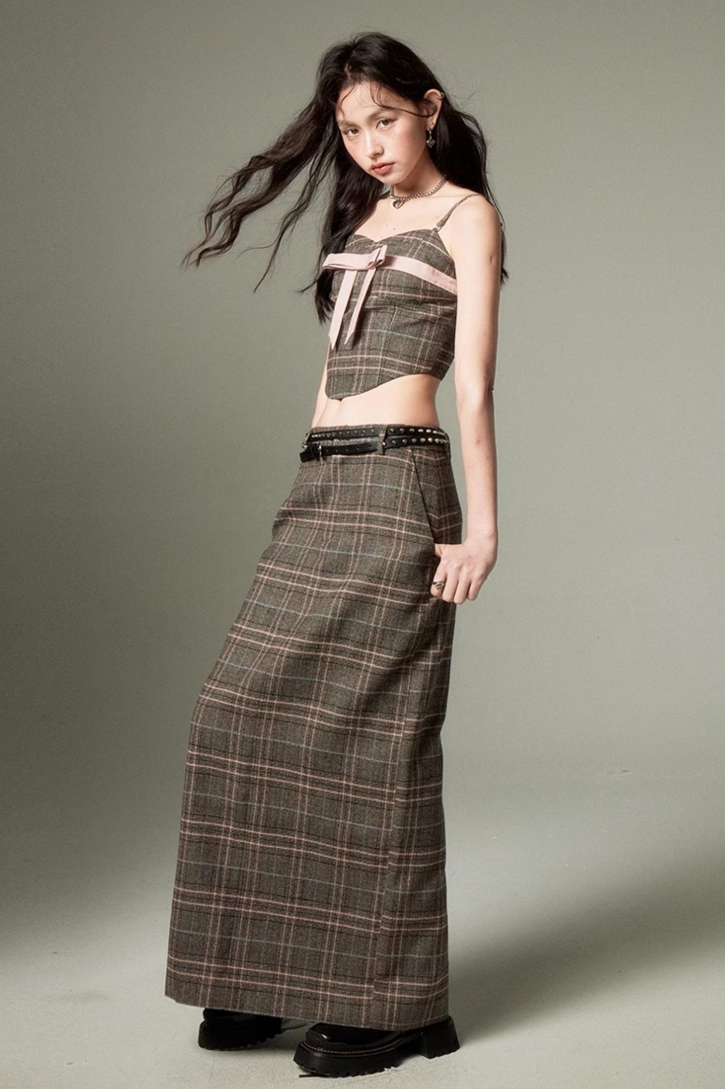 DIDDI MODA Plaid Bow Tie Bustier A Line Maxi Skirt Set