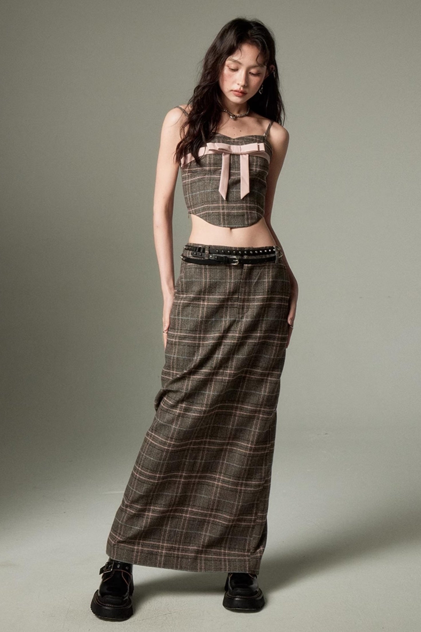 DIDDI MODA Plaid Bow Tie Bustier A Line Maxi Skirt Set