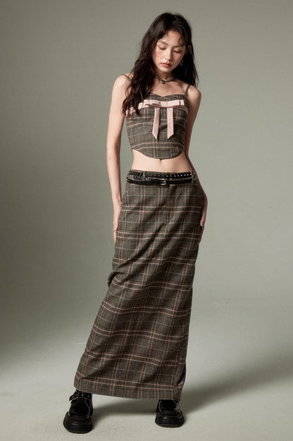 DIDDI MODA Plaid Bow Tie Bustier A Line Maxi Skirt Set