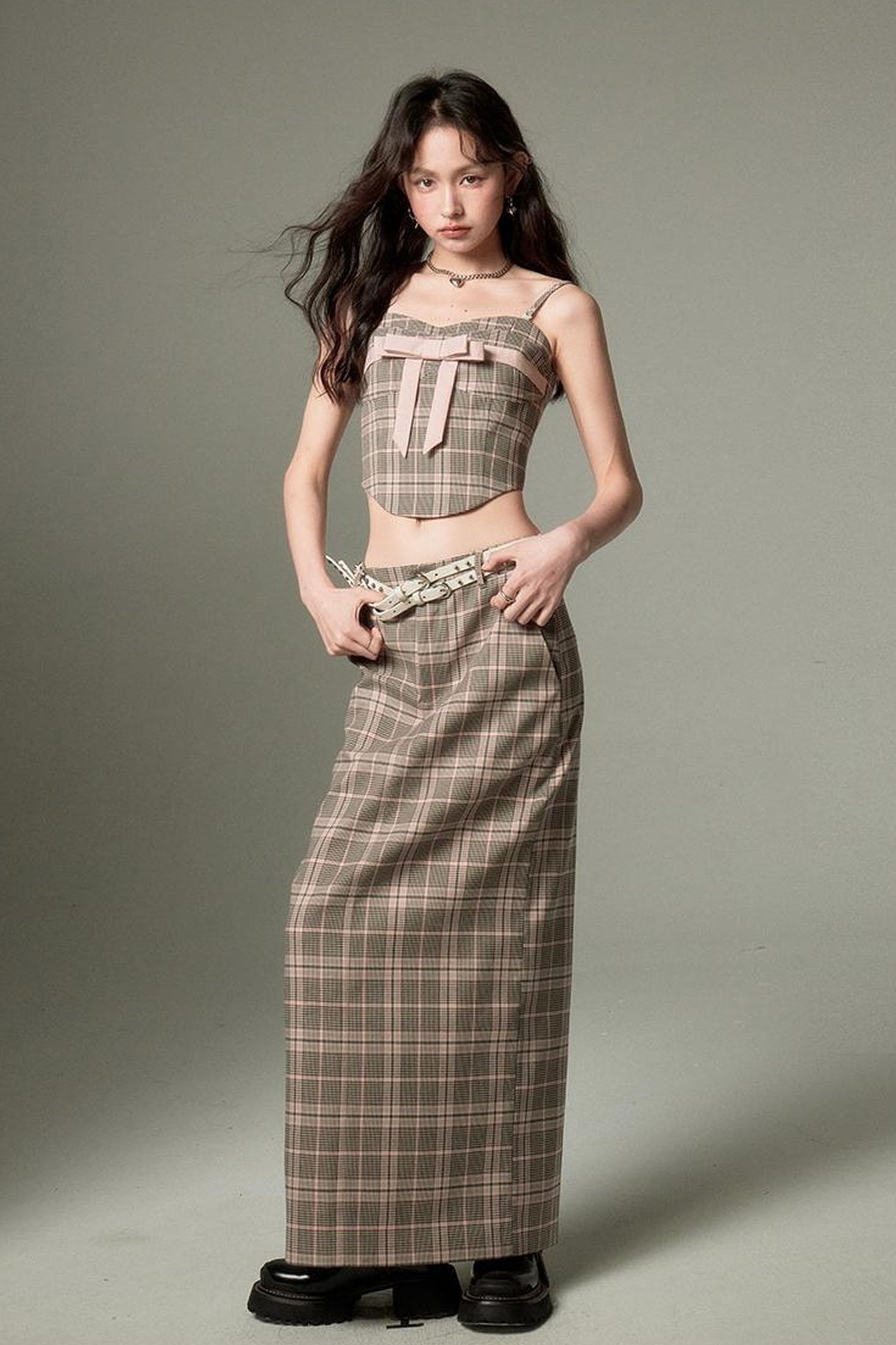 DIDDI MODA Plaid Bow Tie Bustier A Line Maxi Skirt Set