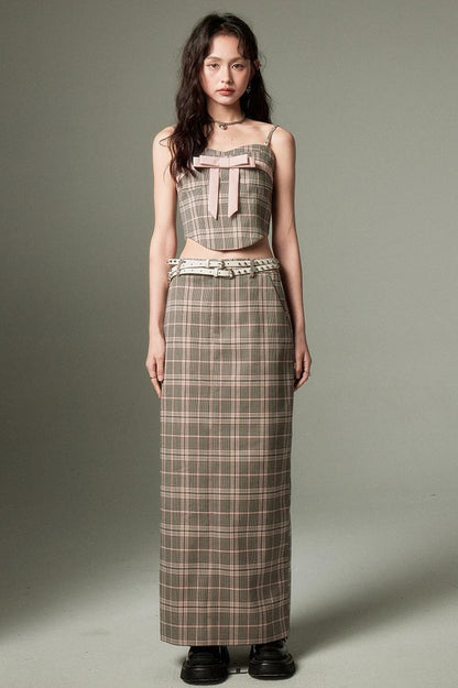 DIDDI MODA Plaid Bow Tie Bustier A Line Maxi Skirt Set