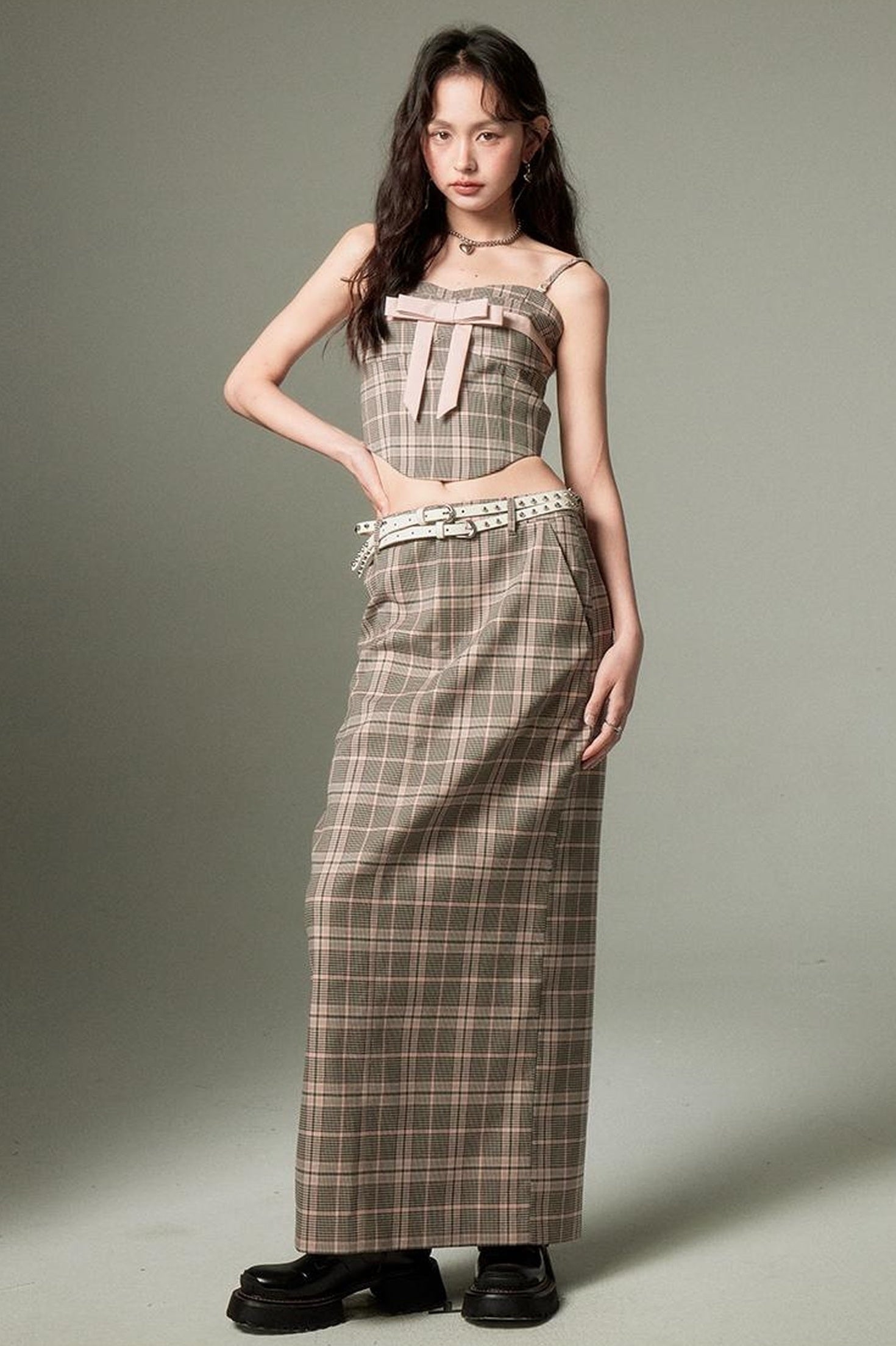 DIDDI MODA Plaid Bow Tie Bustier A Line Maxi Skirt Set