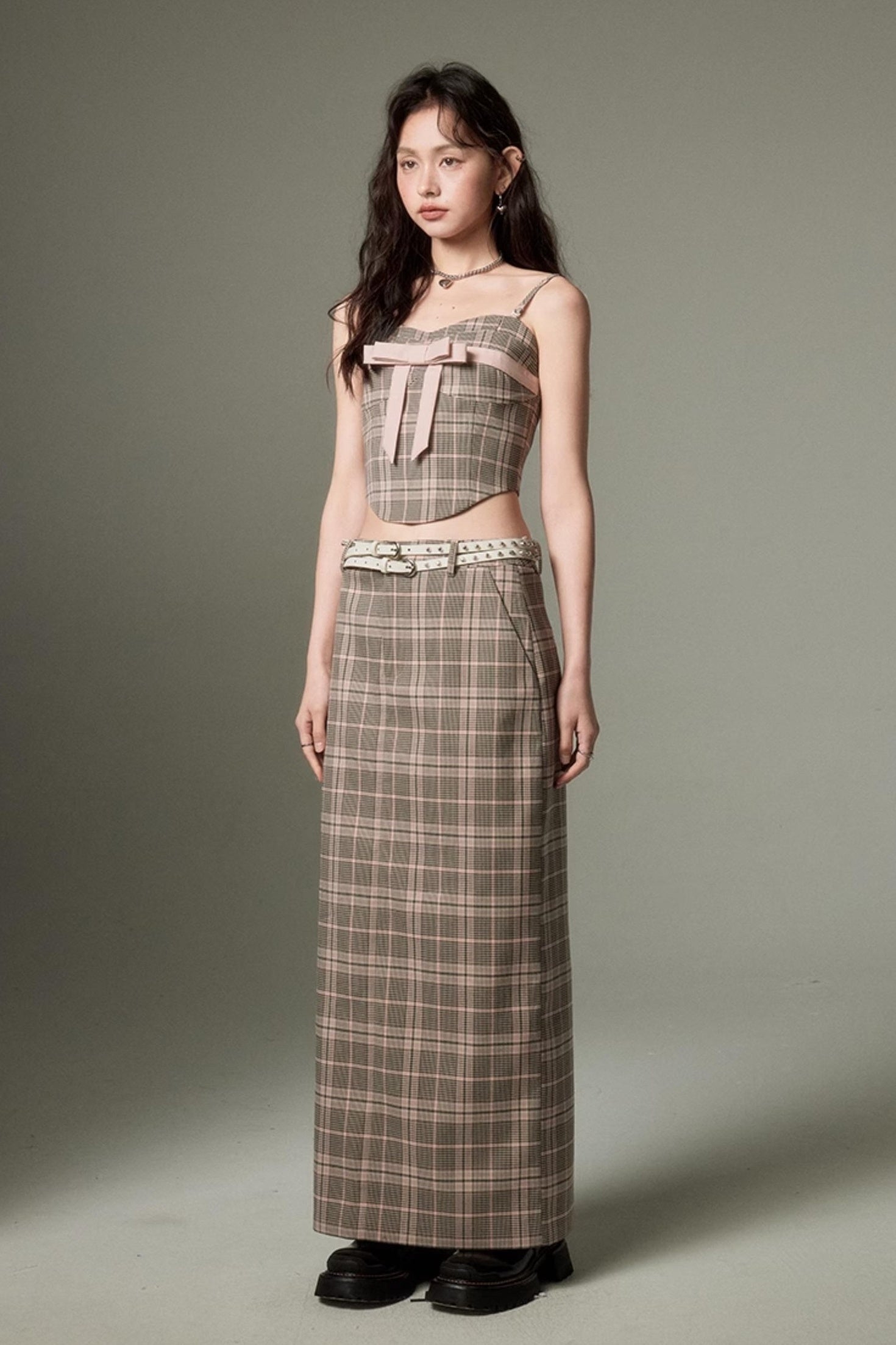 DIDDI MODA Plaid Bow Tie Bustier A Line Maxi Skirt Set