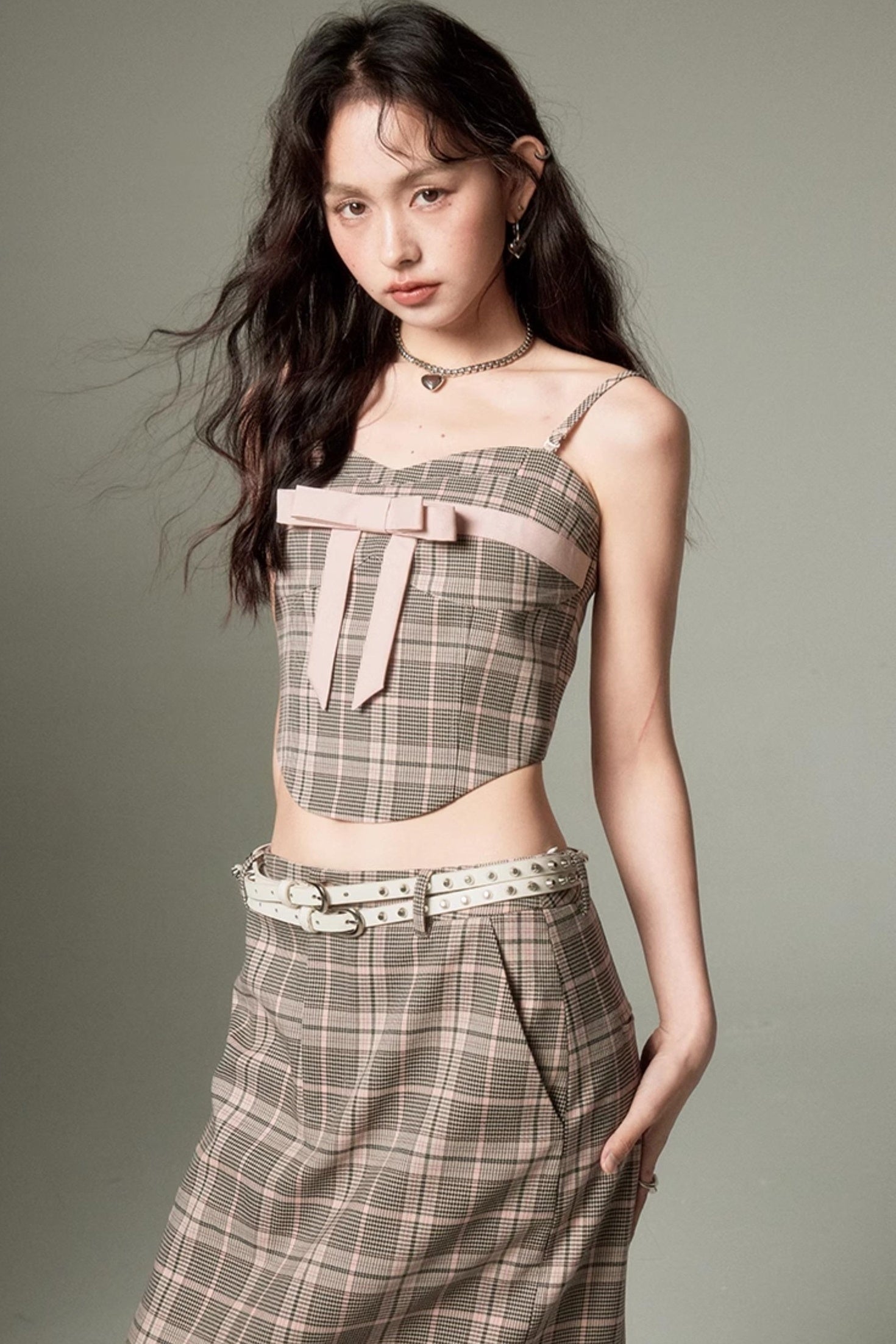 DIDDI MODA Plaid Bow Tie Bustier A Line Maxi Skirt Set