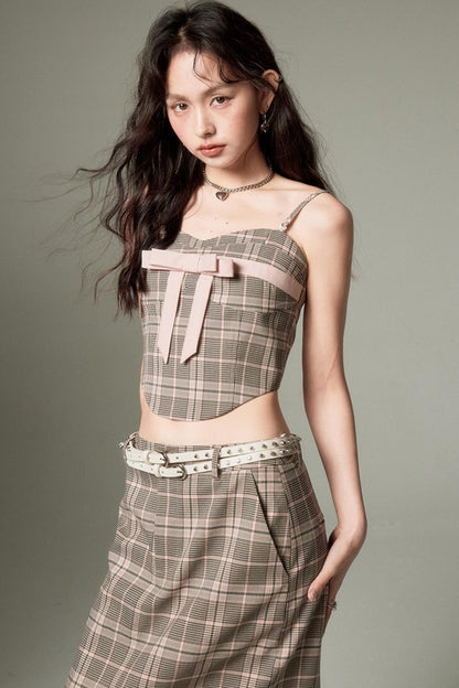 DIDDI MODA Plaid Bow Tie Bustier A Line Maxi Skirt Set