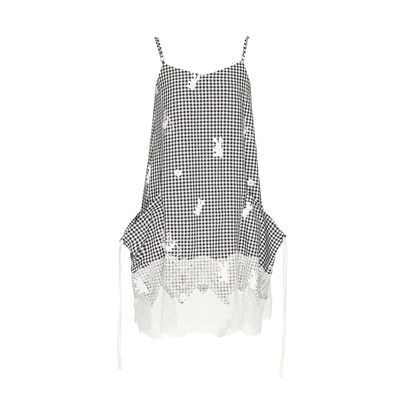 YOSHUYUKI Plaid Lace Trim Punk Rabbit Print Sundress