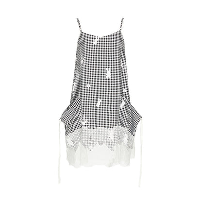 YOSHUYUKI Plaid Lace Trim Punk Rabbit Print Sundress