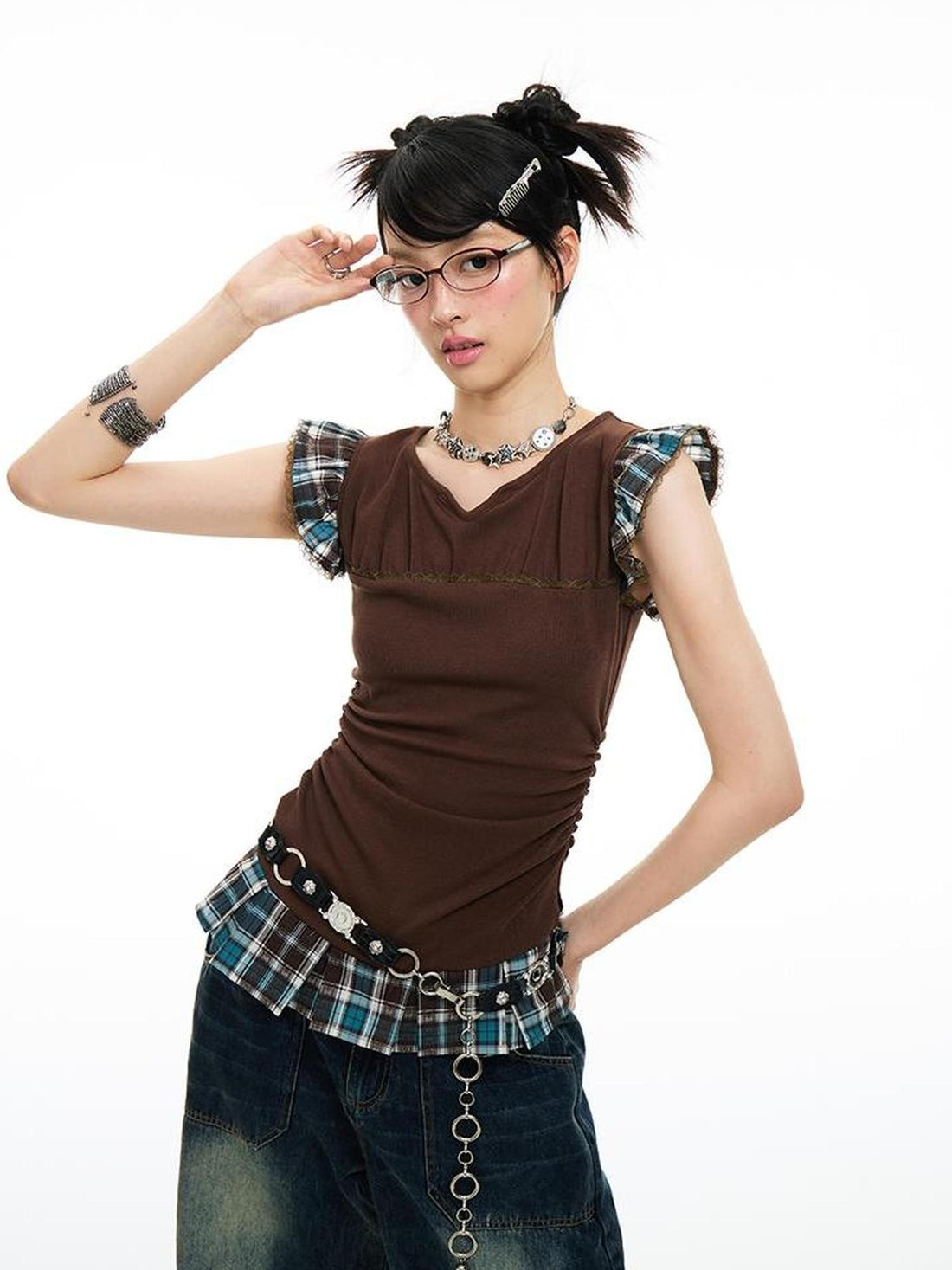 MOMSYCAN FOX LINE Plaid Contrast V Neck Slim Fit Tee With Side Slits