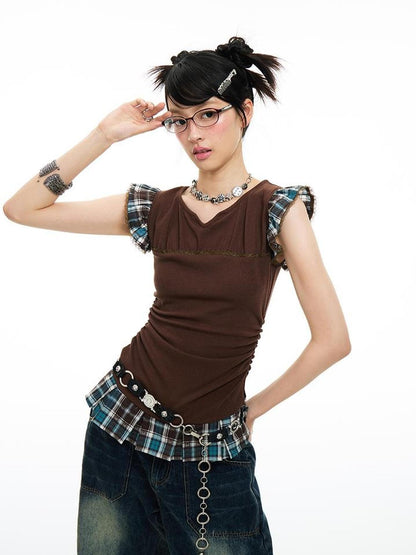 MOMSYCAN FOX LINE Plaid Contrast V Neck Slim Fit Tee With Side Slits