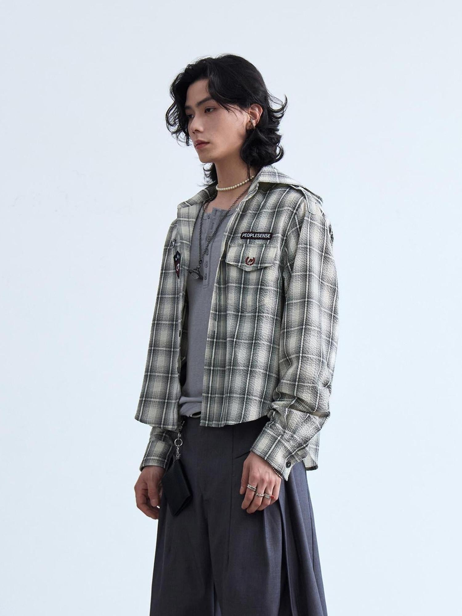 Peoplesense Plaid Embroidered Oversized Hooded Shirt Jacket
