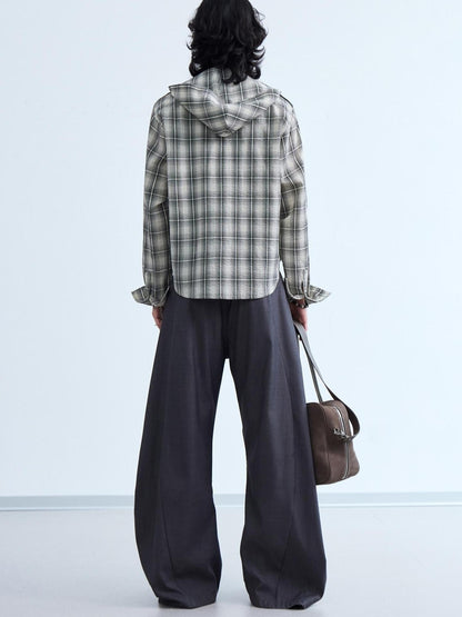 Peoplesense Plaid Embroidered Oversized Hooded Shirt Jacket