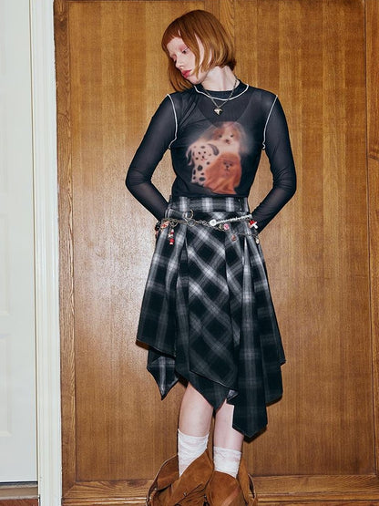 DIDDI MODA Plaid Gradient Asymmetrical Skirt