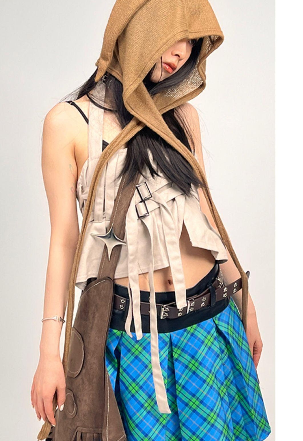 Plaid Patchwork Blue Green Pleated Skirt JK