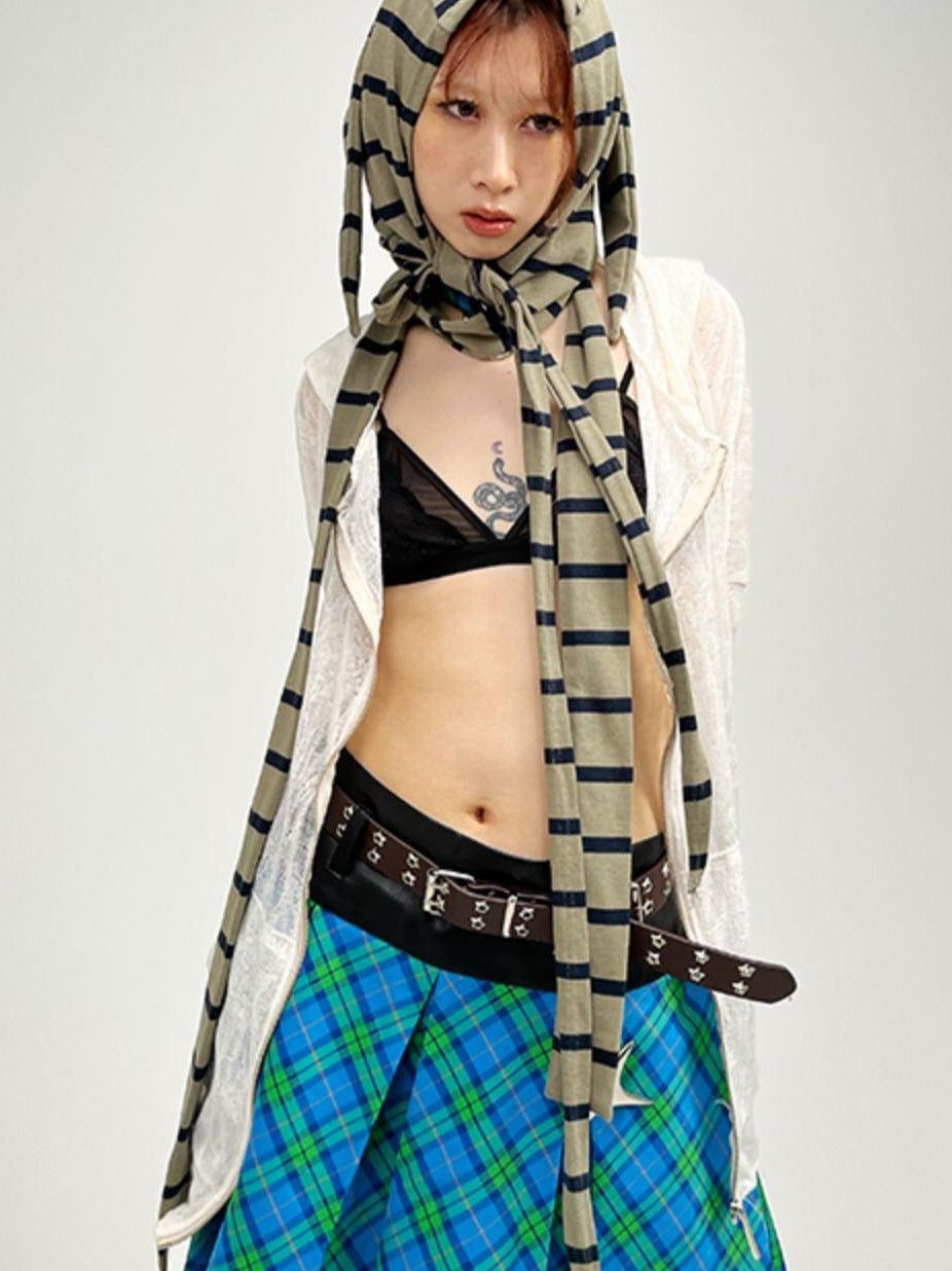 Plaid Patchwork Blue Green Pleated Skirt JK