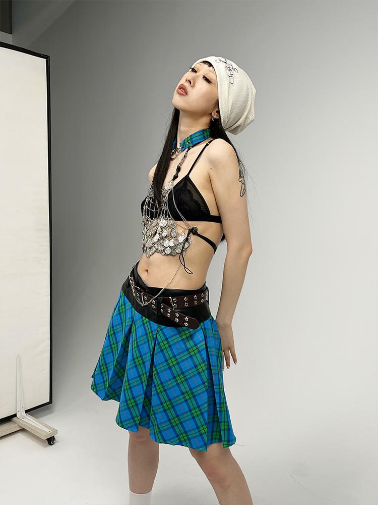 Plaid Patchwork Blue Green Pleated Skirt JK