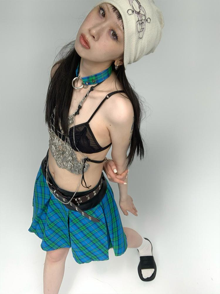 Plaid Patchwork Blue Green Pleated Skirt JK