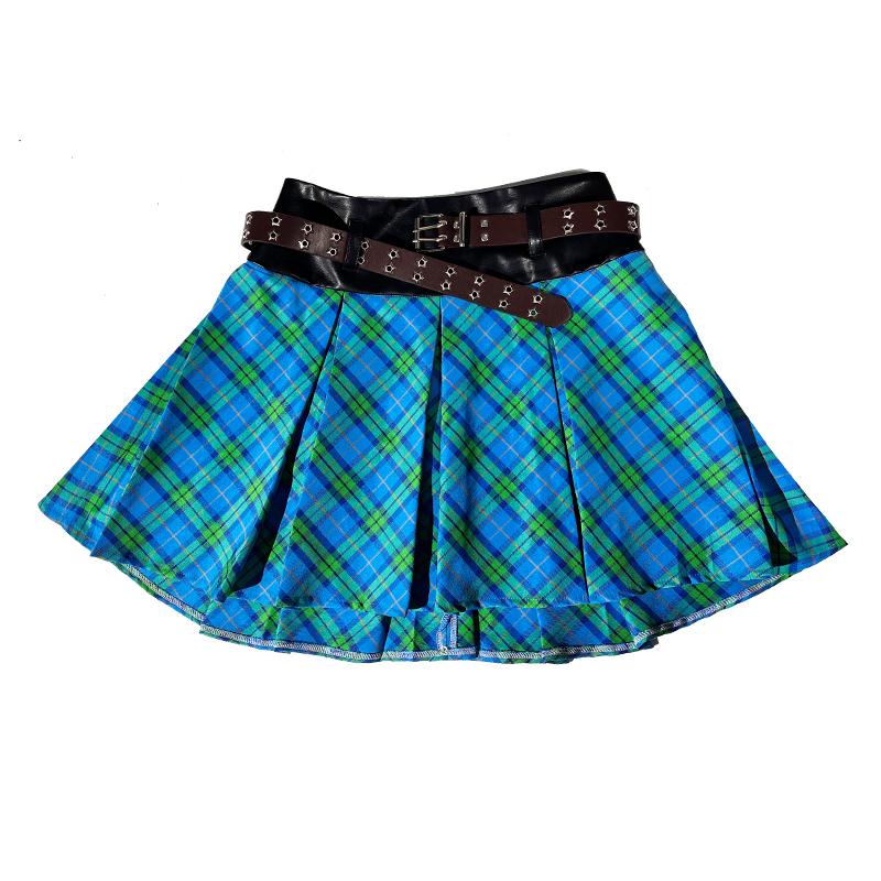 Plaid Patchwork Blue Green Pleated Skirt JK