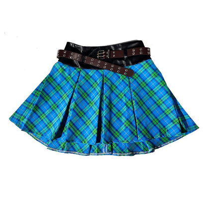 Plaid Patchwork Blue Green Pleated Skirt JK