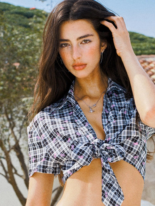 Plaid Kitty Crop Top with Lace Up Detail