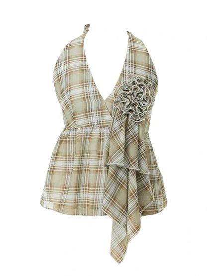 Plaid Halter Neck Top with Floral Lace Trim