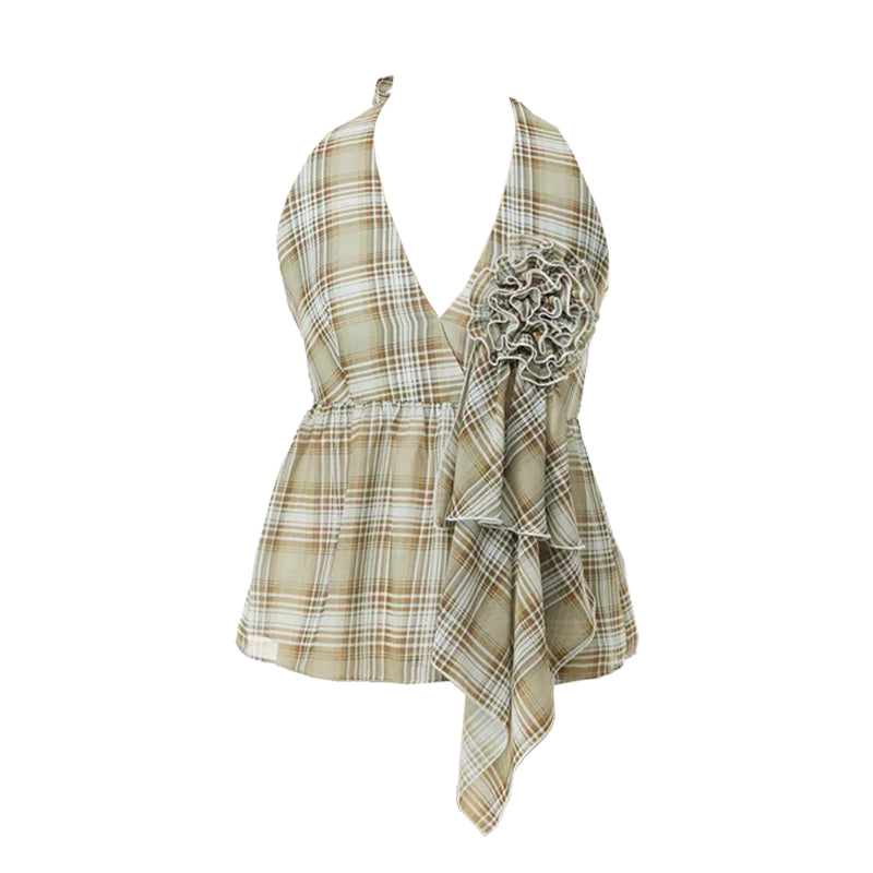 YOSHUYUKI Plaid Halter Neck Top with Floral Lace Trim