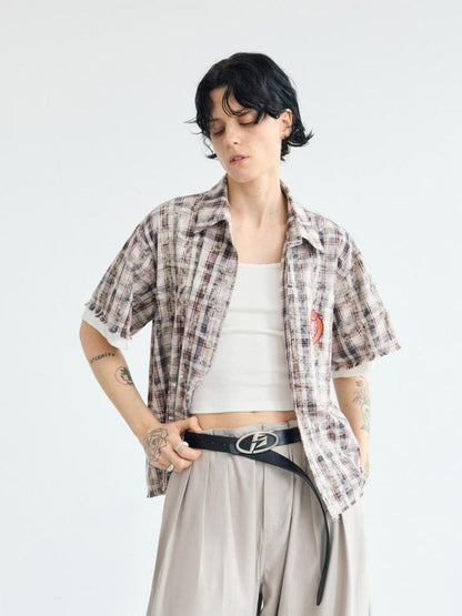 Peoplesense Plaid Two Piece Short Sleeve Cotton Shirt With Polo Collar