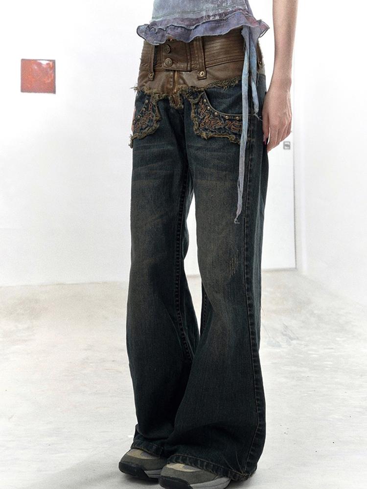 Flowers birds Market Plant Embroidered Leather Panel Washed Trousers