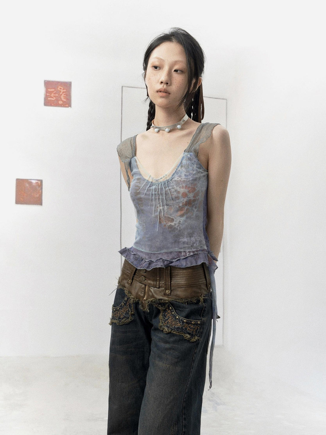 Flowers birds Market Plant Embroidered Leather Panel Washed Trousers