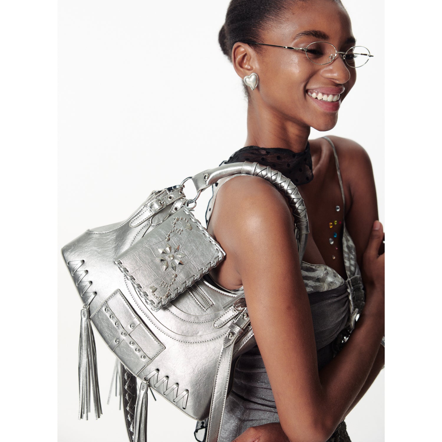 2th Desire Deconstructed Punk Studded Fringe Crossbody Bag Vintage Style